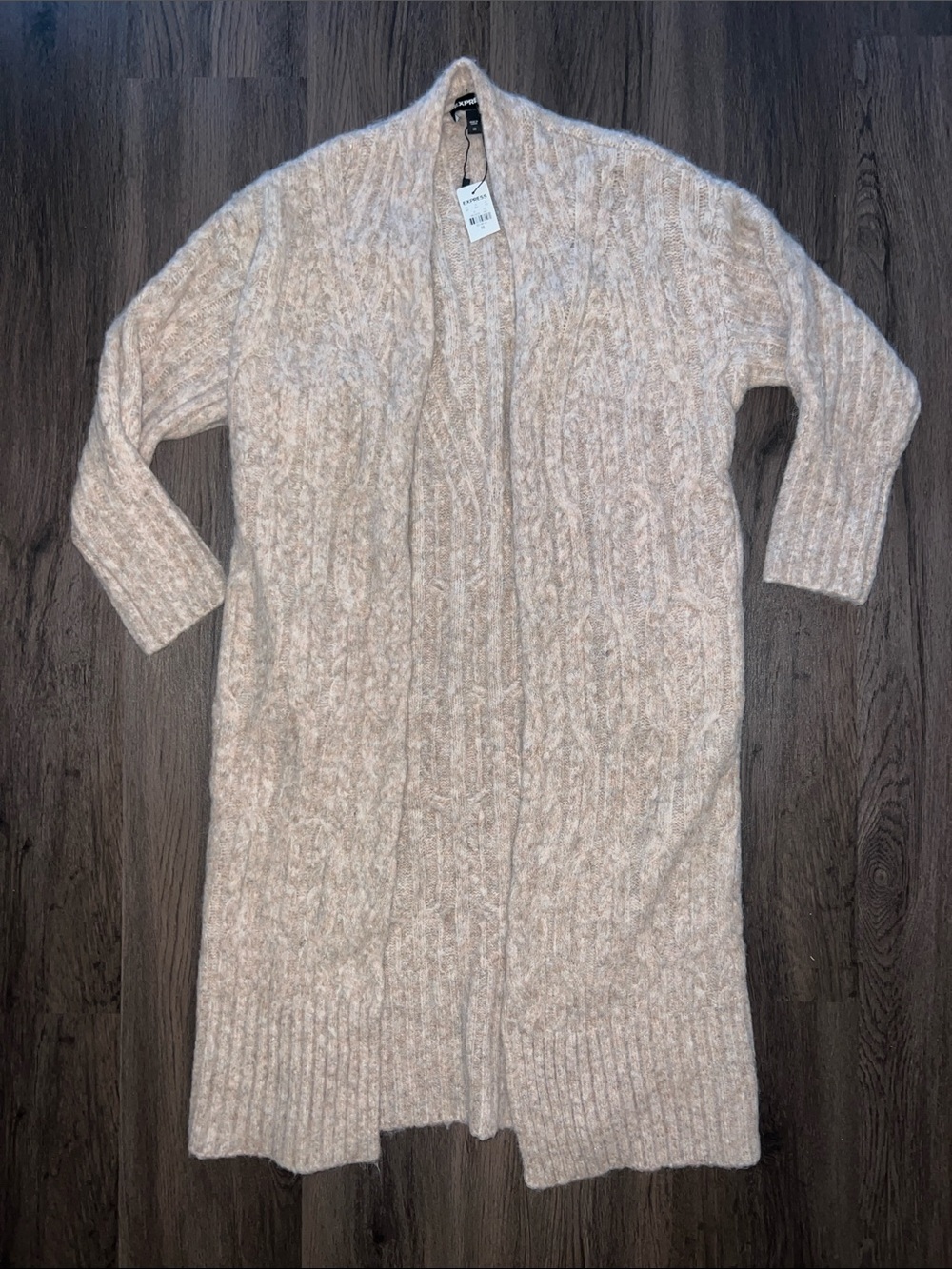 NWT Express Long Open-Front Cable Knit Cardigan Sweater - Heathered Cream